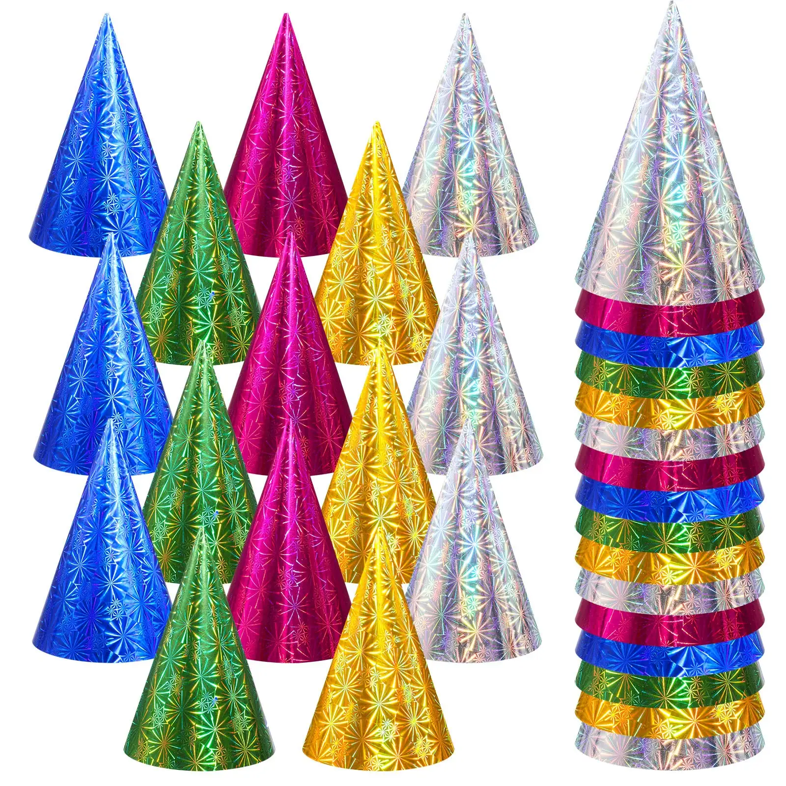 หมวกงานวันเกิดสีสันสดใส100ชิ้น,หมวกทรงกรวยฟอยล์โลหะงานฝีมือกระดาษแวววาวสำหรับคริสต์มาส16ซม. 6.3นิ้ว