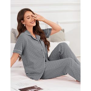 FOXA Conjunto de pijama de algodón con lunares para mujer, camiseta de manga corta con botones, pantalones largos, ropa de dormir con bolsillos - Product Image 5