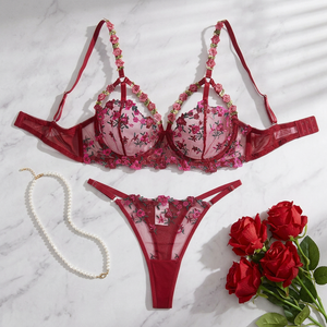 Red Floral Embroidery Lace Lingerie <b>Set</b> Sheer Mesh Underwire Bra and Thong Panties <b>Set</b> 2 Piece <b>Sexy</b> Intimates <b>Set</b> OEM ODM - Product Image 1