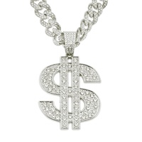 Collier chaîne cubaine large en alliage style Hip Hop, entièrement serti de strass, avec pendentif symbole dollar USD