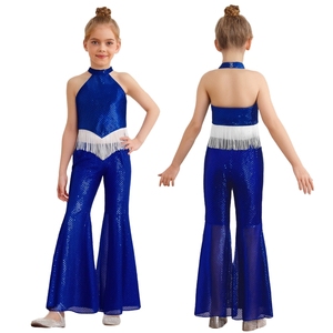 6-16 Kids Girls Modern Dance <b>Clothes</b> Jazz Dance Costume Crop Top With Bell-Bottom Pants For Stage Performance Classes Stage Show - Product Image 2