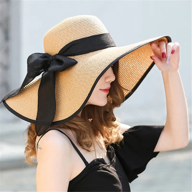 Topi pantai tepi lebar warna-warni untuk wanita, topi jerami pantai sombrero musim panas
