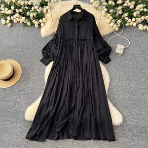 Littéraire et rétro tenue décontractée femmes nouvelle robe de printemps plissée lanterne manches décontracté ample simple boutonnage chemise longue jupe - Product Image 6