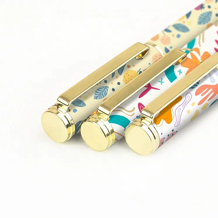 luxury gift pens for girl full printing customized design floral and gold metal gel pen with logo