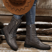 Bottes de combat mi-mollet à lacets pour femmes, avec fermeture éclair latérale et boucle décorative, bottes plates de moto, chaussures quotidiennes vintage pour femmes automne-hiver