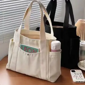 Logotipo personalizado em branco mercearia reutilizável compras natureza algodão lona sacolas com bolso e zíper