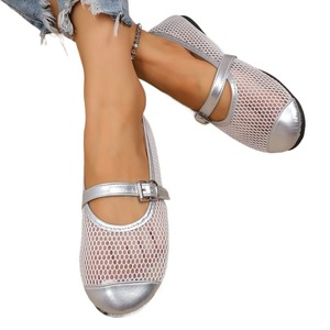 Zapatos Planos Mary Jane de Malla Calada para Verano con Correa Ajustable de Hebilla Metálica, Puntera Plateada con Diseño de Retazos, Transpirables, para Caminar, OEM ODM - Product Image 2