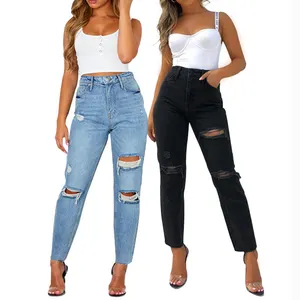 <span class=keywords><strong>Pantaloni</strong></span> in Denim con logo personalizzato <span class=keywords><strong>pantaloni</strong></span> Jeans strappati blu nero da <span class=keywords><strong>donna</strong></span> - Product Image 1