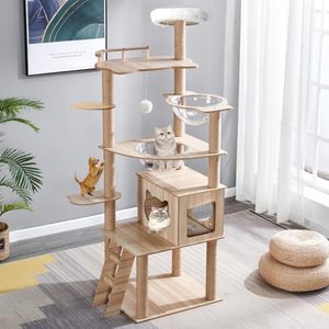 Wholesale 67 Inch Wooden Tower OEM ODM Custom Logo 14 Sisal Posts Condo Stairs 2 Bowls Padded Platform Toy Balls <b>Cats</b> - Product Image 1