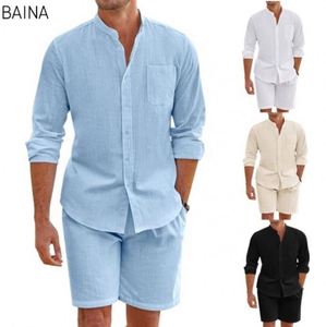 Conjunto de Dos Piezas de Verano para Hombre, Camisa de Lino y Algodón Cómoda, Pantalones Cortos de Manga Larga, Estilo Informal y Sencillo - Product Image 1