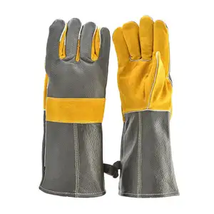 定制优质麂皮灰色和黄色撕裂磨损穿刺切割油耐热动物处理安全焊接手套