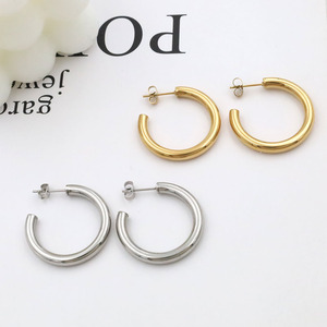 Hoop Earrings Gold And Steel C Shaped Geometric Minimalist Fashion Jewelry For Women Gift - Product Image 3