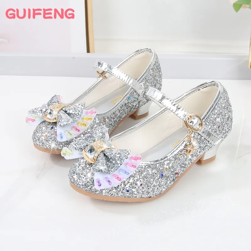 New Bow Fashion Bow Girls Princess Shoes Glitter Sandals Girls Shoes High Heel Rhinestone Dance Dress Children Wedding Shoe