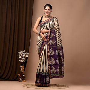 Sari de Seda Maheshwari al por Mayor, Sari Tradicional Indio Estampado a Mano con Borde Dorado Zari - Product Image 1