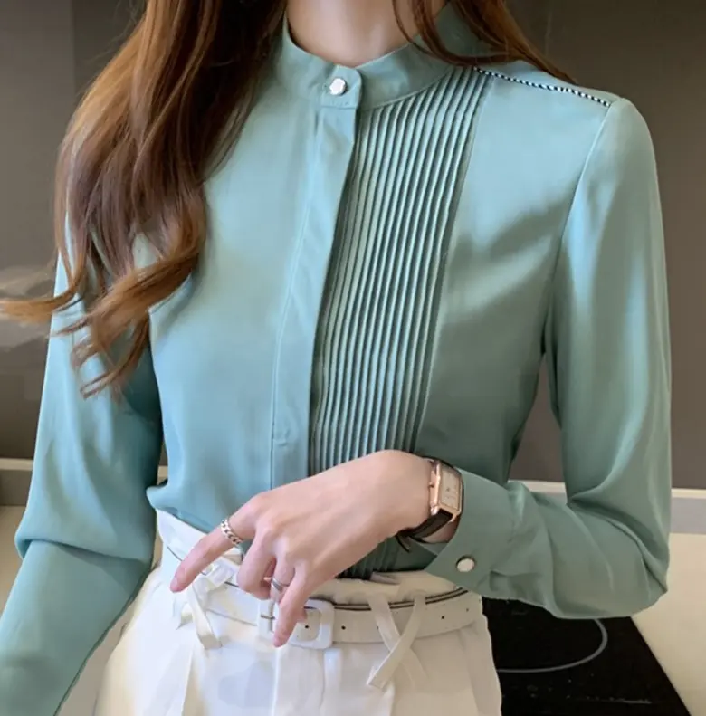 Grosir Blus Sifon Lengan Panjang Baru Kemeja Atasan Kerah Berdiri Blus Kantor Wanita Blus