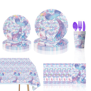 Nuovo Set di Piatti in Carta Ecologici a 4 Colori, Tema Sirena con Scaglie di Pesce, Stile Cartone Animato per Feste di Compleanno e Decorazioni - Product Image 2