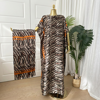 Robes Kaftan + Foulard pour Femmes Grandes Tailles, Robe de Plage Maxi Caftan, Imprimé Zèbre Marron
