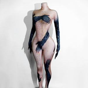 Catsuit Sexy in Cotone Spandex con Stampa Mani Nude e Strass per Donna, Ideale per Festival Elettronici, Danza, Servizi Fotografici, Star del Pop e Sfilate sul Palco - Product Image 2