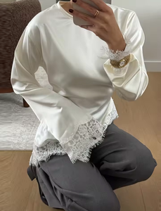 Zevity Camicetta da Donna Sexy Nera e Bianca con Orlo in Pizzo Asimmetrico in <span class=keywords><strong>Raso</strong></span> Morbido, Top Chic in Poliestere per Clubwear - Product Image 4