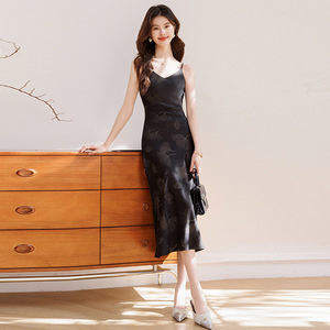 Printed V Neck Suspender Dress For Women Floral Pattern Mid Length Cocktail Dress Elegant Summer Style Slim Fit Apricot Black - Product Image 4