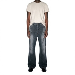 Vaqueros anchos negros vintage personalizados para hombre, pantalones de mezclilla premium desgastados, estilo urbano, corte regular, cintura media, casual - Product Image 1