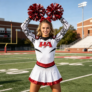 Uniforme de cheerleading moderne et audacieux, base <span class=keywords><strong>blanche</strong></span> avec bordure rouge, manches longues à épaules dénudées et orné de strass pour le terrain de basketball - Product Image 4