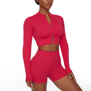 Solid Color Rib-Up/Down Zipper Breathable Yoga Jacket with Long Sleeve Fitness <b>Tight</b> Sportswear for Women - Product Image 6