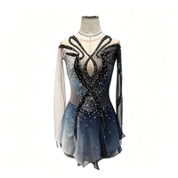 Costume de patinage artistique gris bleu dégradé avec strass, jupe en maille ajourée à dos ouvert pour filles et adultes, compétition de danse sur glace