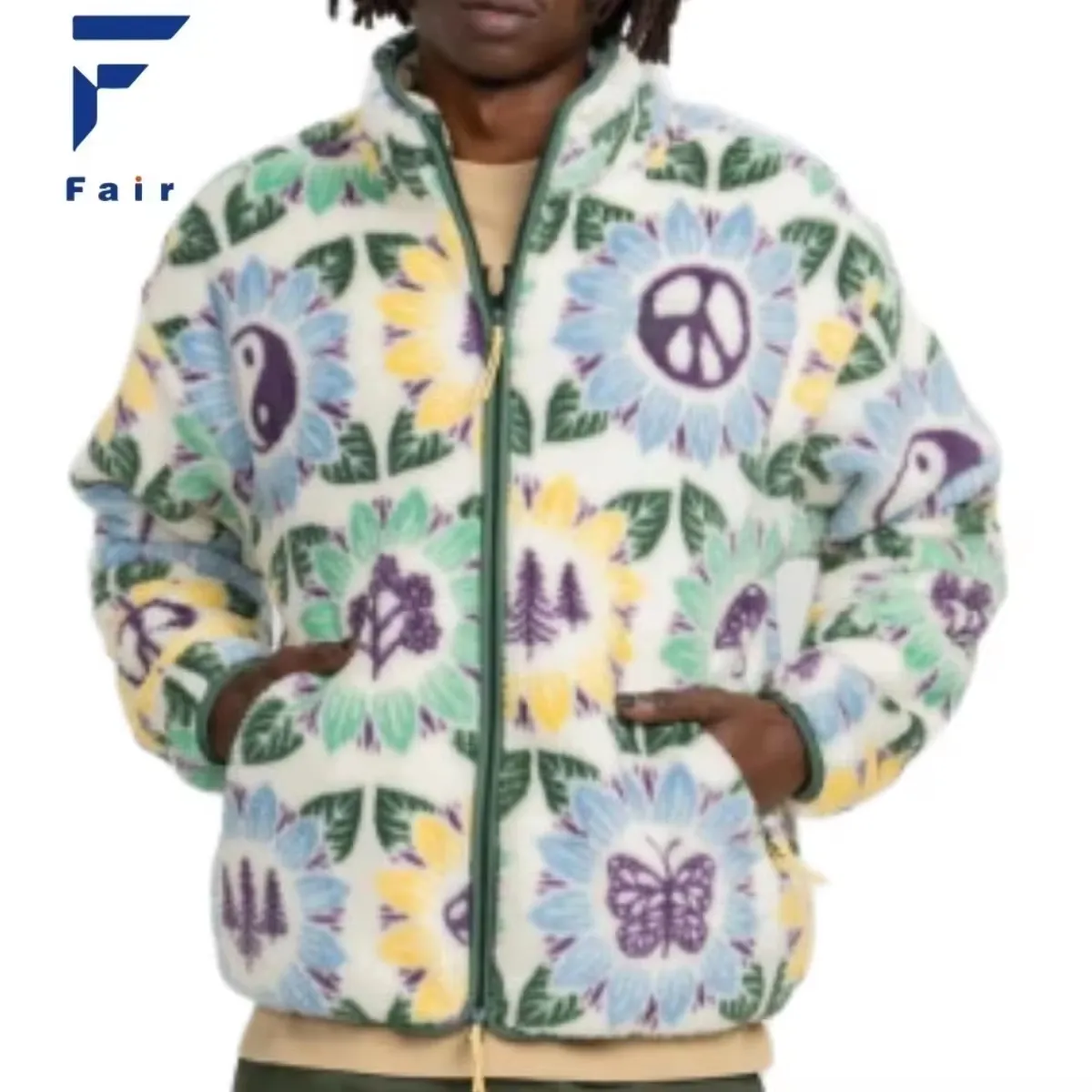 Custom Digital Printing Jacquard Unisex Recycled Sherpa Fleece Jacket Colorful Pattern Embroidered Polar Fleece Full Zip Jacket