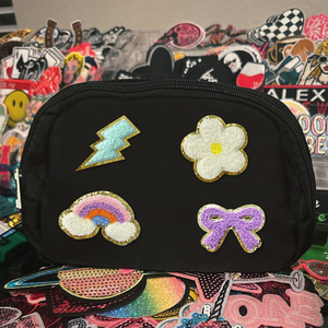 Badge brodé thermocollant en chenille, motifs fleur, arc-en-ciel, nœud, éclair, avec bordure dorée pailletée, pour vêtements de filles, sacs à dos et projets DIY - Product Image 4