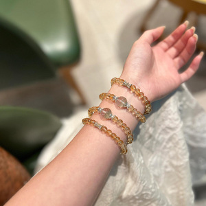 Pulsera de Citrino Natural de Brasil para Mujer, Anillo Doble, Amarillo Súper Brillante, Cuarzo Verde Intenso, Estilo Multi-Wrap - Product Image 4