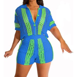 Ensemble 2 pièces personnalisé pour femme 2026 : chemise et short en crochet ajouré, col en V, respirant, tenue de plage estivale bleu-vert - Product Image 1