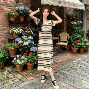 Vestido Maxi de Punto a Rayas con Cuello Cuadrado y Manga Corta para Mujer, Ajustado, Casual, Largo, para Verano - Product Image 2