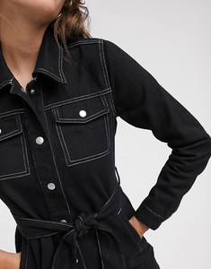 Giacca a bottone con colletto a punta a forma di bottone cravatta in vita con cuciture a contrasto con tasche funzionanti Mini camicia con cintura in Denim abito da donna - Product Image 4