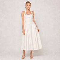 Robe Midi Femme Personnalisée en Coton et Lin Ivoire, Col Halter, Décolleté Cœur, Taille Basque, Couture Princesse, Coupe Évasée