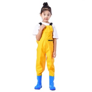 Combinaison de pêche jaune pour enfants avec bottes bleues pour la plage, la pêche, les jeux aquatiques, vêtements d'extérieur pour filles, couleur unie, lavable en machine - Product Image 1