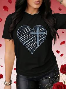 T-shirt da donna a maniche corte con scollo rotondo, motivo a cuore incrociato, stampa digitale, top casual in cotone, abbigliamento primaverile ed estivo - Product Image 3