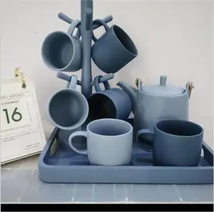 Best selling blue vintage teapot set restaurant ceramic tea sets with wood handle