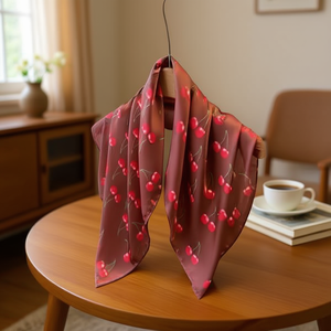 Foulard Quadrato con Stampa Ciliegie 70x70cm, Leggero Stile Seta, Accessorio Moda - Product Image 3