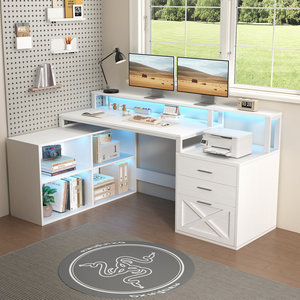 Bureau d'ordinateur en forme de L blanc moderne SENYU avec étagère et tiroirs pour poste de travail à domicile - Product Image 3