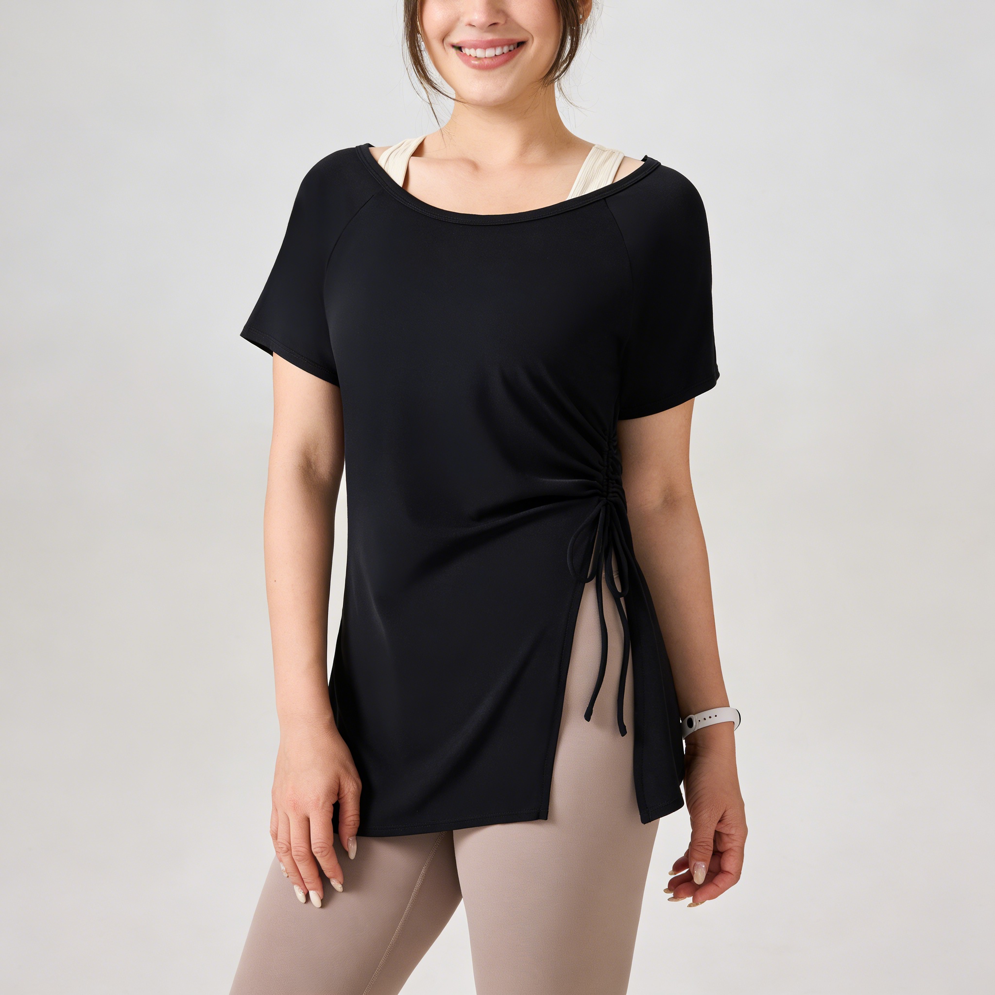 Women's Summer Antibacterial Breathable Spandex/Nylon Yoga Short-Sleeved Sports Top with Side Waist Pleats and Slimming Design