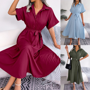 Abito lungo estivo da donna 2026 con bottoni, colletto, <span class=keywords><strong>maniche</strong></span> corte, cintura in vita, vestibilità ampia, tinta unita - Product Image 3