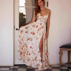 Vestido Largo con Estampado Floral, Cuello en V Profundo, Cintura Imperio, Elegante para la Noche, Transpirable, Estilo Maxi - Product Image 3