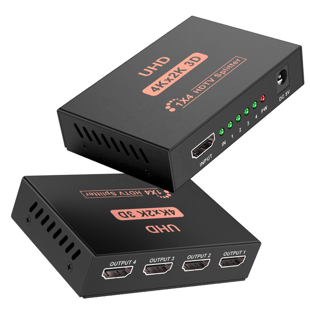 1 in 4 Out V1.4b Powered HDMI Video Splitter with AC Adaptor Duplicate Mirror Screen Monitor Supports Ultra HD 1080P 4K 30Hz 3D