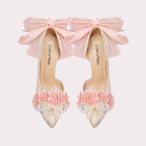 Nuevos Zapatos de Novia de Tacón de Aguja con Punta en Pico y Lazo Color Champán para Mujer - Product Image 3