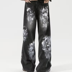 Jeans pour homme en denim délavé rétro Y2K, streetwear asymétrique, pantalon baggy graffiti, vintage déchiré, lavé, effet whisker - Product Image 3