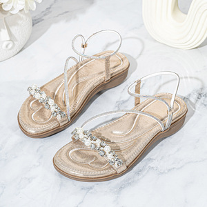 Elegant Glitter Ankle Strap Sandals With Pearl Rhinestone Decoration <b>Open</b> <b>Toe</b> Flat <b>Heel</b> Summer Shoes Cushioned Comfortable - Product Image 1