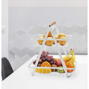 Panier de rangement en fil de fer détachable E104 pour fruits et légumes, avec poignée en bois, type support à 2 niveaux pour comptoir - Vente en gros - Product Image 4