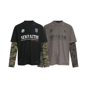 قمصان بأكمام طويلة بتصميم أمريكي عتيق مع رقع وطباعة جرافيتي وتمويه، متوفرة بالجملة وبجودة عالية - Product Image 1