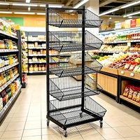 Étagère de supermarché mobile personnalisée en métal avec paniers de rangement pour fruits frais, légumes, aliments, collations et boissons